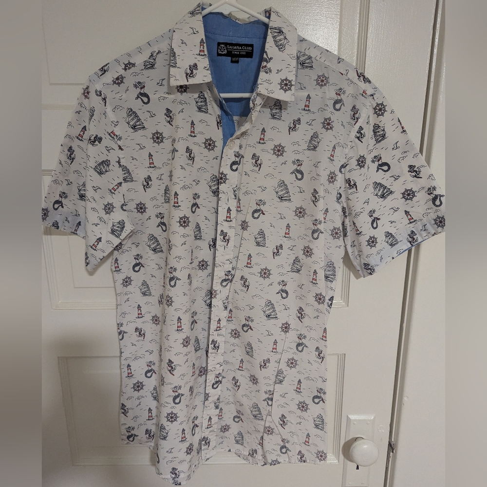 mens Nautical Print White Button Up Short Sleeve Shirt, Size Mdium